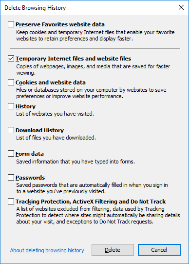 Internet Explorer Delete Options
